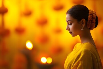 A young Indian woman with long black hair and a floral bun wears a bright yellow traditional outfit. She stands in a festive setting with warm lighting and decorative elements.