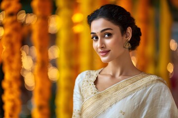 A young Indian woman with dark hair and earrings smiles in a traditional white saree. Colorful flower decorations are in the background, celebrating Onam.
