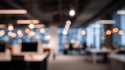 Obraz premium Blurred open-plan office interior with warm bokeh lights. Shallow depth of field and modern workspace background. Ambiguous motion suggests productivity and focus. Ideal for corporate websites
