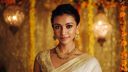A young Indian woman with long black hair wears a traditional cream saree and gold jewelry. The background features festive decorations for Onam celebrations.