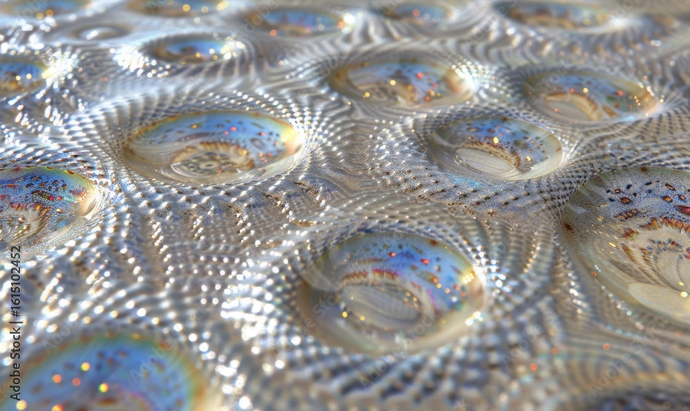 Poster translucent liquid texture creates shimmering abstract pattern with iridescent colors