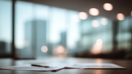 Obraz premium Blurred Background of Office Interior with Cityscape View, Ideal for Business and Corporate Presentations or Marketing Material