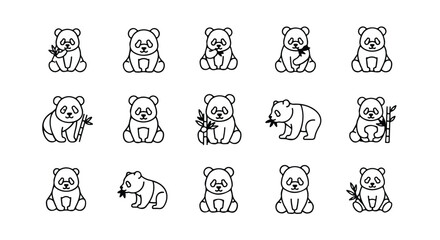 Vector silhouette illustration a collection of cute panda illustrations in various poses, some holding bamboo, on a white background