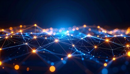 Digital neural network with glowing orange nodes and thin interconnected lines, set against a dark background