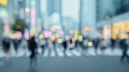Blurred Urban Background With Colorful Bokeh Lights And People Crossing The Street Ideal For Website Background, Advertising Campaign Or Social Media Post