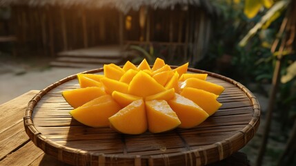 Mango Blossom on the Table: A vibrant display of freshly cut mango slices artfully arranged on a wooden platter, showcasing the natural beauty and succulent freshness of tropical fruit.