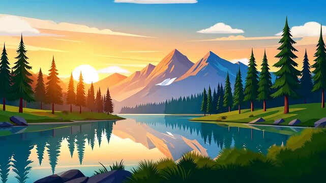 Vibrant Animated Mountain Sunrise over a Calm Lake with Drifting Clouds