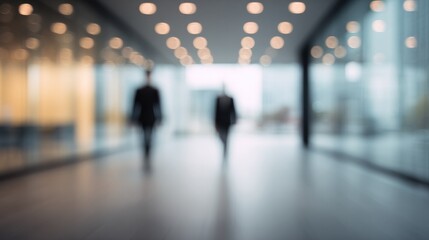 Blurred Vision Of Business Individuals Walking Through Modern Office Corridor With Luminous Background For Corporate Presentation
