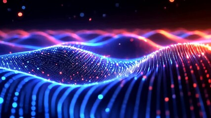Abstract waves formed by glowing lines and particles in blue and red colors - Powered by Adobe