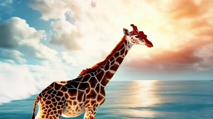 Funny video of a giraffe riding a surfboard in the ocean. Suitable for entertainment content and promotion of family events.
