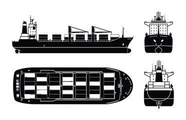 Obraz premium Detailed Vector Illustration: Container Ship blueprint with various side, top & frontal views