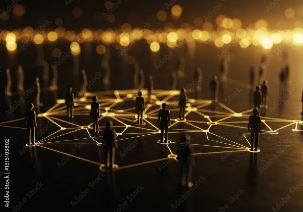 Poster abstract representation of interconnected digital network with glowing golden lines connecting silho