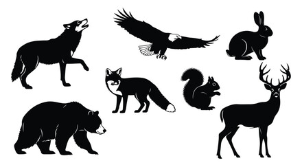 Vector silhouette illustration a collection of black wildlife silhouettes including an eagle, fox, squirrel, and bear