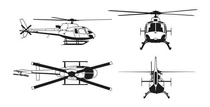 Helicopter detailed blueprint technical drawing, with side, front, top views - vehicle illustration