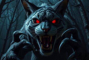 Naklejka premium A giant cat monster with large claws and torn clothes