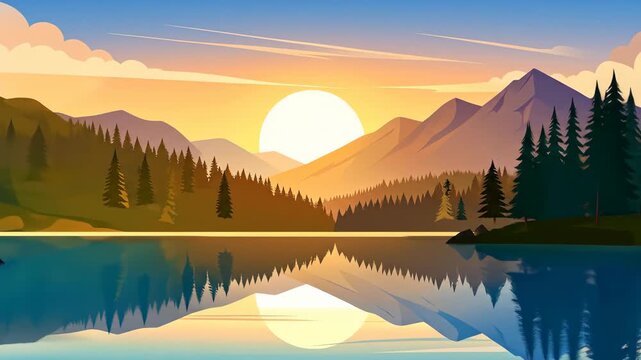 Tranquil Animated Landscape of a Mountain Lake During a Golden Sunrise with Forest Reflections