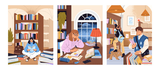 People are learning in library set. Students are reading textbooks, takes books from shelves, do homework at the desk. Happy girls and boys among bookshelves of bookstore. Flat vector illustrations © Paper Trident