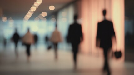 Blurred Silhouettes of Business Professionals Walking in Office Hallway, Ideal for Corporate Backgrounds and Presentations