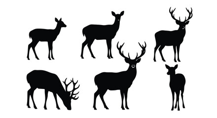 Fototapeta premium Vector silhouette illustration a set of black deer silhouettes, including a majestic stag with large antlers and a graceful doe, in profile