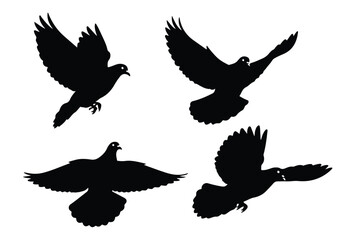Obraz premium Vector silhouette illustration four black silhouette doves in midflight against a white background