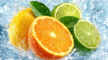 Refreshing Citrus Burst: Juicy Oranges, Lemons, and Limes in a Splash of Water