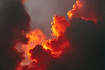 Fiery clouds backlit by dark storm clouds