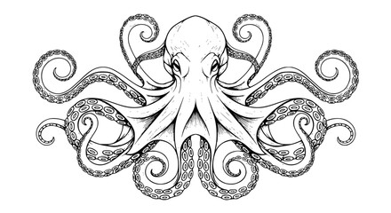 A striking black silhouette of a playful octopus with curly tentacles and wide eyes isolated on a transparent background showcasing its unique marine life form isolated on transparent background