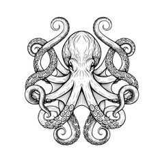 A striking black silhouette of a playful octopus with curly tentacles and wide eyes isolated on a transparent background showcasing its unique marine life form isolated on transparent background