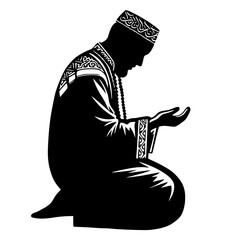 A man in traditional islamic attire wearing a kufi cap kneeling and praying with hands outstretched in a devotional gesture silhouette isolated on transparent background
