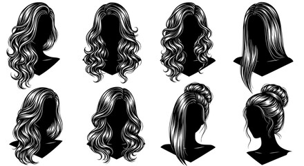 Collection of detailed black and white silhouette illustrations of elaborate long curly hairstyles displayed on busts isolated on transparent background silhouette