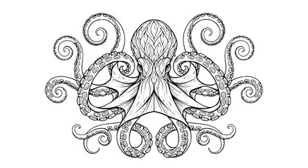 A striking black silhouette of a playful octopus with curly tentacles and wide eyes isolated on a transparent background showcasing its unique marine life form isolated on transparent background