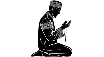 A man in traditional islamic attire wearing a kufi cap kneeling and praying with hands outstretched in a devotional gesture silhouette isolated on transparent background