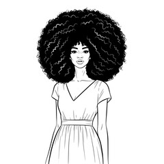 Elegant black woman with voluminous afro hair styled in a silhouette isolated on transparent background