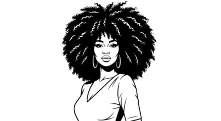 Striking black and white silhouette of a beautiful woman with voluminous afro hairstyle and hoop earrings isolated on transparent background