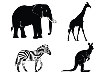 Vector silhouette illustration silhouettes of an elephant, giraffe, zebra, and kangaroo on a white background