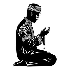 A man in traditional islamic attire wearing a kufi cap kneeling and praying with hands outstretched in a devotional gesture silhouette isolated on transparent background
