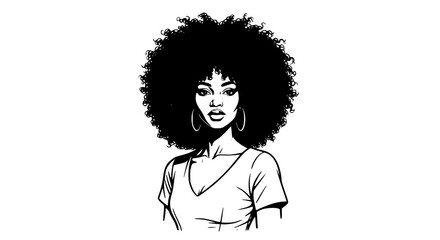 Striking black and white silhouette of a beautiful woman with voluminous afro hairstyle and hoop earrings isolated on transparent background