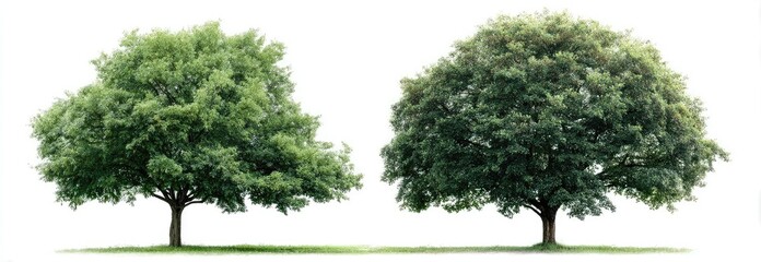 Two lush green trees against a white background