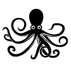 A striking black silhouette of a playful octopus with curly tentacles and wide eyes isolated on a transparent background showcasing its unique marine life form isolated on transparent background