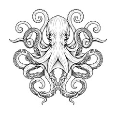 A striking black silhouette of a playful octopus with curly tentacles and wide eyes isolated on a transparent background showcasing its unique marine life form isolated on transparent background