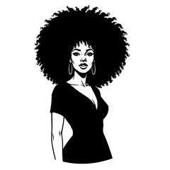 Striking black and white illustration of a confident black woman with voluminous afro hair and elegant attire presented as a silhouette isolated on transparent background