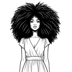 Striking black and white illustration of a woman with voluminous afro hair wearing a simple dress presented as a silhouette isolated on transparent background