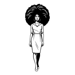 Elegant black woman with a large afro hairstyle walking forward in a dress silhouette isolated on transparent background