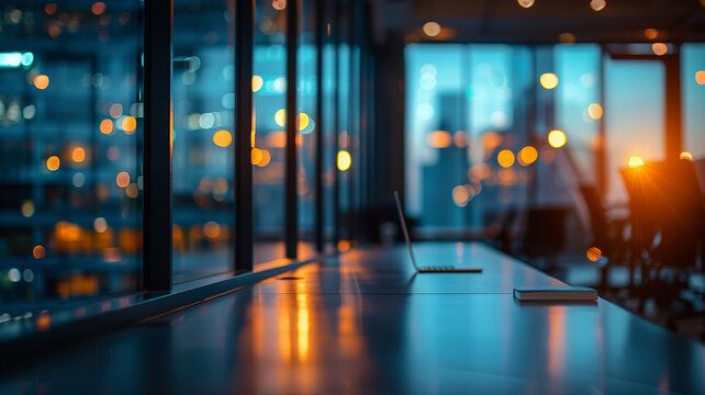 a computer in a night office, night work, diagrams on the screen against a blurred background of night lights