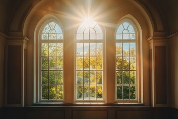Sunlight beaming through tall retro arched window