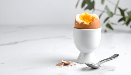 Minimalist composition of a soft-boiled egg in a white egg cup with cracked shell and runny yolk, placed on white marble surface with spoon and scattered salt.