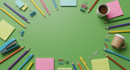 Colorful school supplies and coffee cups framing a green background.