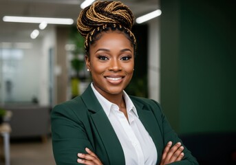 Confident african american businesswoman with stylish braided hair smiles warmly arms crossed wearing a sharp green suit in a modern office setting