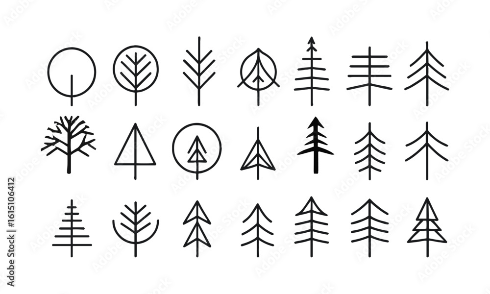 Poster modern vector illustration featuring a collection of minimalist tree icons, big set of minimal trees