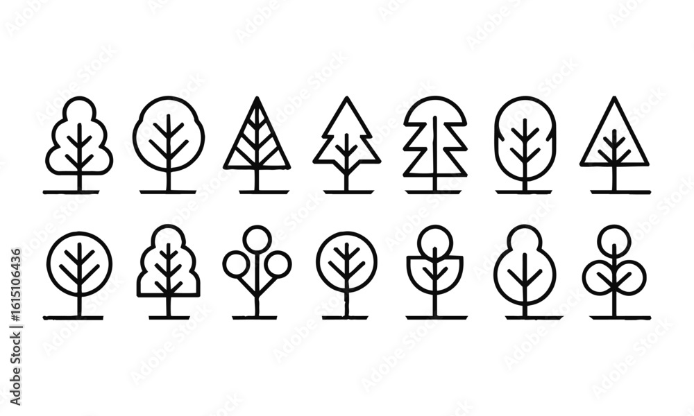 Poster modern vector illustration featuring a collection of minimalist tree icons, big set of minimal trees